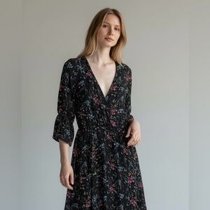 Frames Ray Cassin Black Floral Semi Sheer Wrap Dress Japan Women’s Medium Adjust